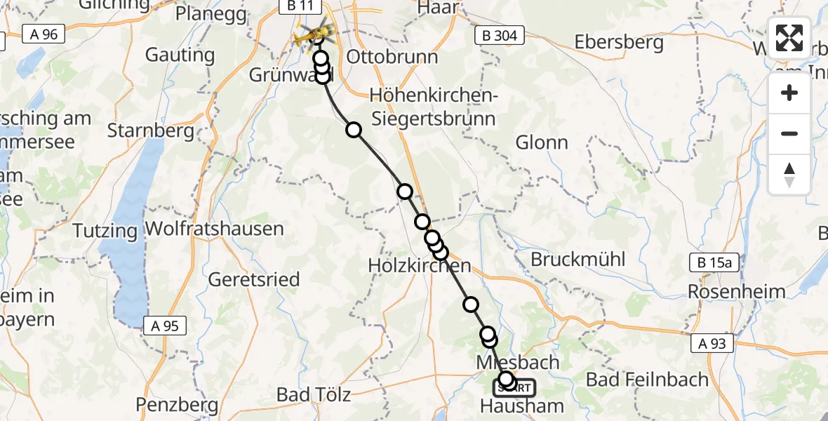 Flugroute Rettungshubschrauber Agatharied Hospital - ADAC Air Rescue Center Hubschrauberlandeplatz (Christoph 1), 06 Juni 2026, 12:52