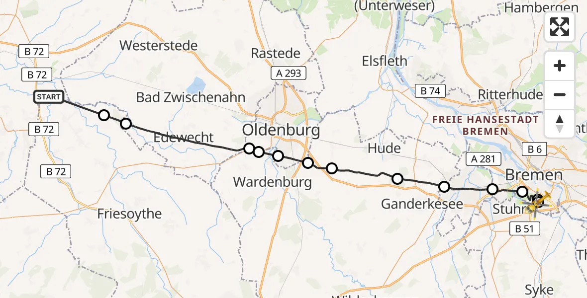 Flugroute Rettungshubschrauber Detern - ADAC Air Rescue Station Bremen Hubschrauberlandeplatz (Christoph 6), 06 Juni 2026, 12:55