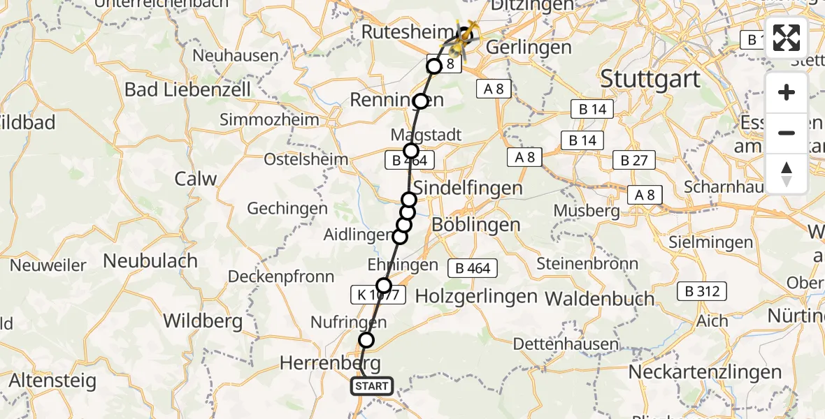 Flugroute Rettungshubschrauber Herrenberg - Leonberg Hospital, 06 Juni 2026, 12:58