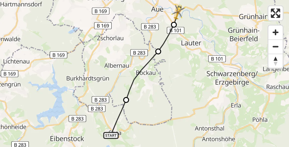 Flugroute Rettungshubschrauber Eibenstock - Aue-Bad Schlema, 06 Juni 2026, 13:07
