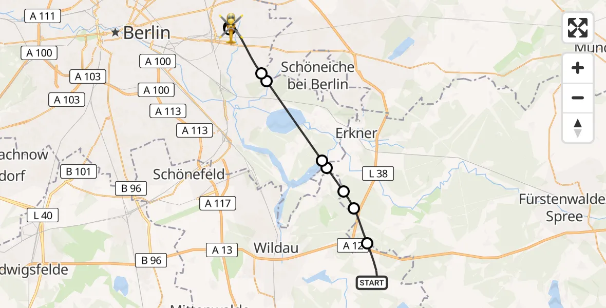 Flugroute Rettungshubschrauber Heidesee - Berlin Emergency Hospital, 06 Juni 2026, 13:20