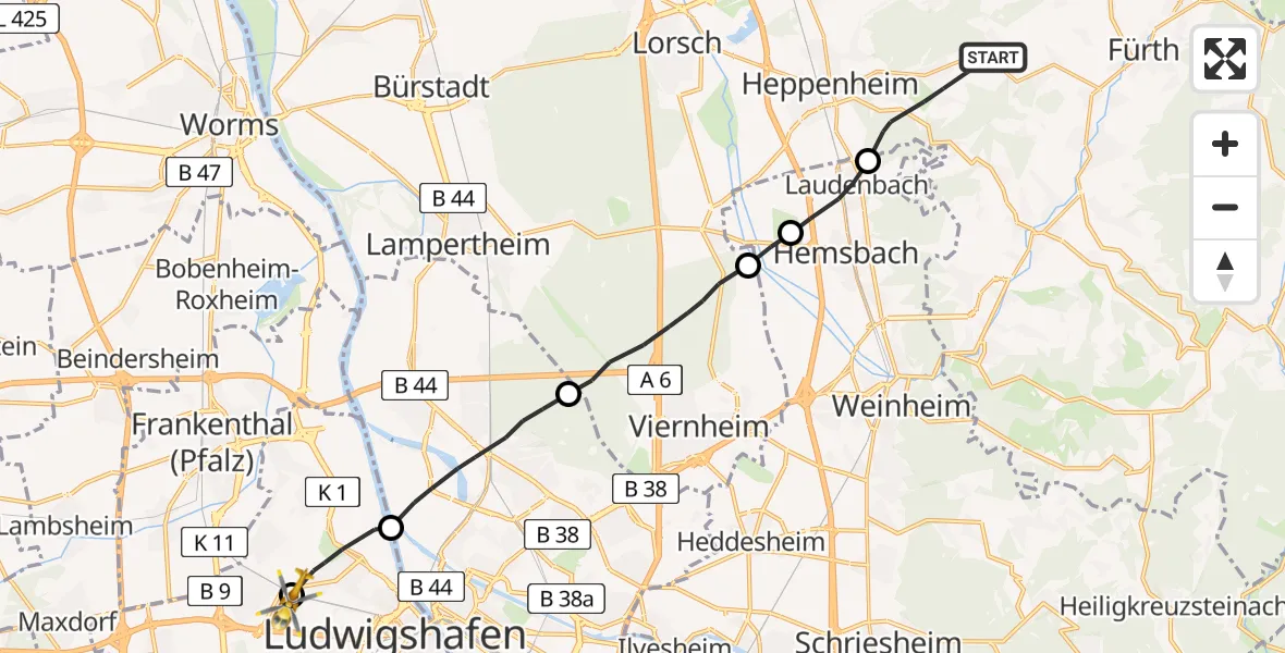 Flugroute Rettungshubschrauber Heppenheim (Bergstraße) - Ludwigshafen Accident Hospital, 06 Juni 2026, 13:23