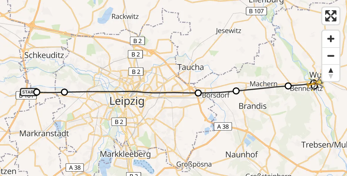 Flugroute Rettungshubschrauber ADAC Air Rescue Station Leipzig/Schkeuditz-Dölzig Hubschrauberlandeplatz (Christoph 61) - Wurzen, 06 Juni 2026, 13:31