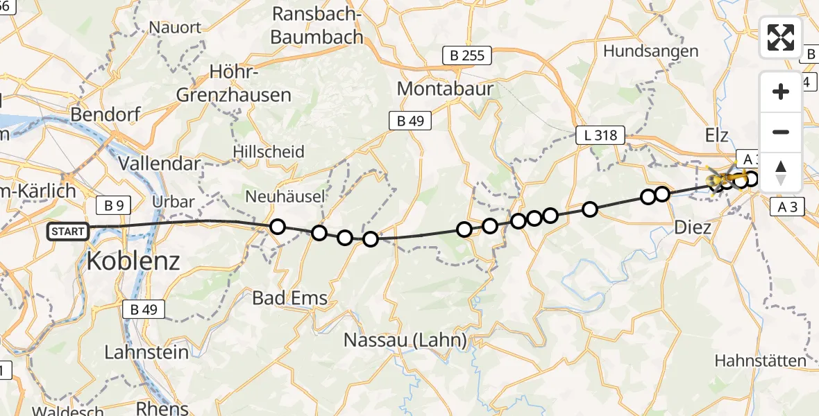 Flugroute Rettungshubschrauber Koblenz - Limburg a.d.Lahn, 06 Juni 2026, 13:36