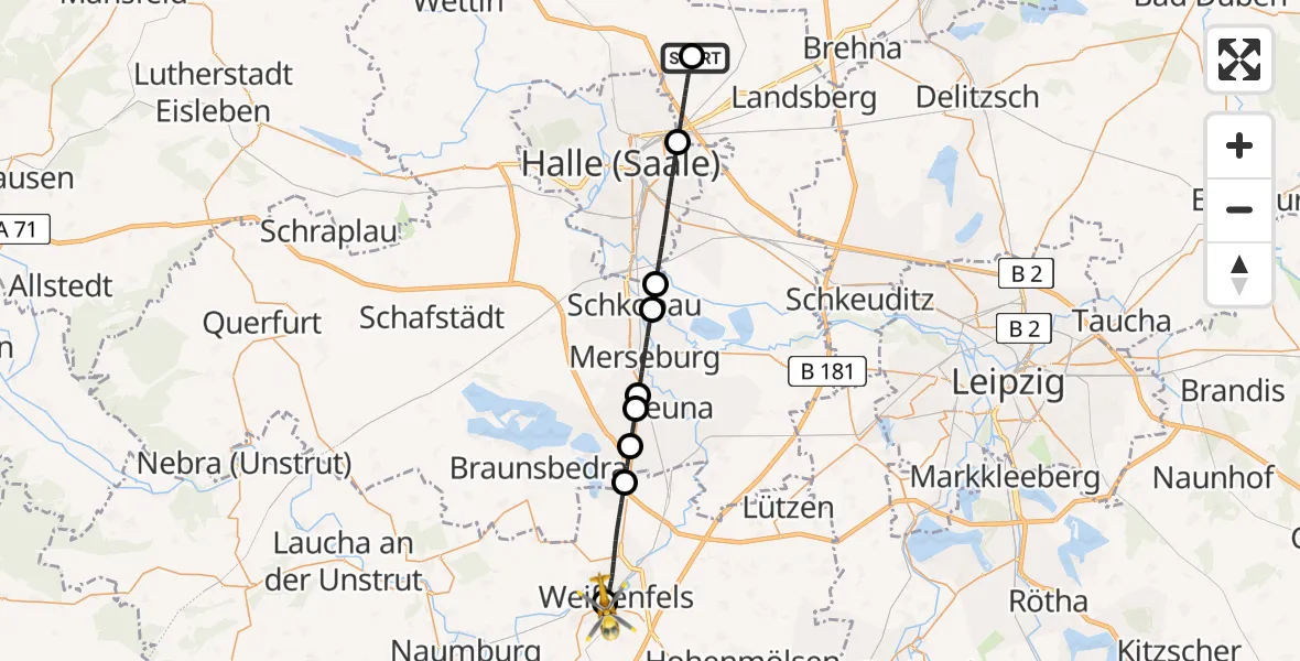 Flugroute Rettungshubschrauber Halle-Oppin Flugplatz - Asklepios Clinic Weißenfels, 06 Juni 2026, 13:37