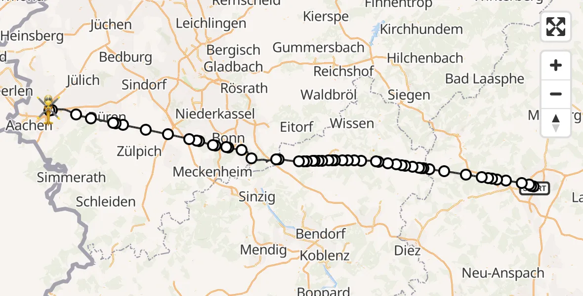 Flugroute Rettungshubschrauber Gießen University Hospital - Aachen-Merzbrück Flughafen, 06 Juni 2026, 13:38