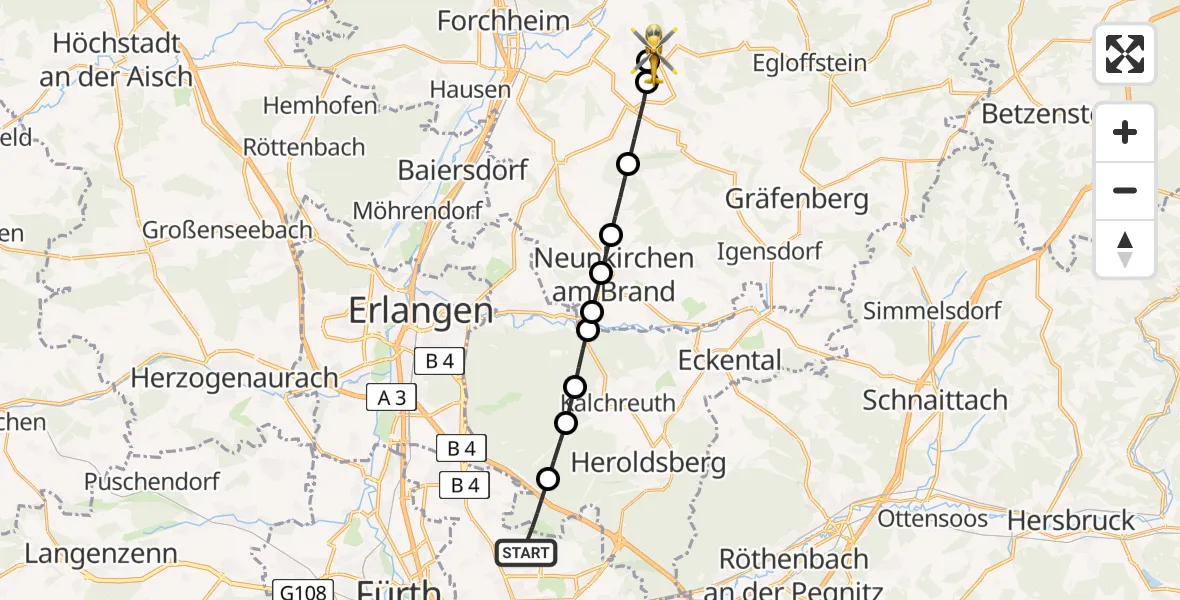 Flugroute Ambulanzhubschrauber Flughafen Nuremberg - Wiesenthau, 06 Juni 2026, 13:48