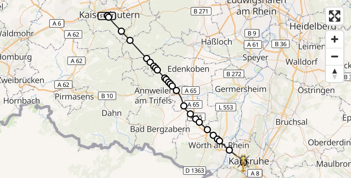 Flugroute Ambulanzhubschrauber Westpfalz Hospital Kaiserslautern - Sankt Vincentius Hospital, 06 Juni 2026, 13:52