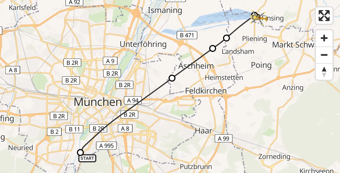 Flugroute Rettungshubschrauber ADAC Air Rescue Center Hubschrauberlandeplatz (Christoph 1) - Finsing, 06 Juni 2026, 13:54