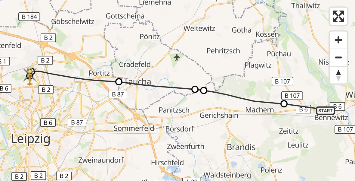 Flugroute Rettungshubschrauber Bennewitz - Sankt Georg Hospital Leipzig Reserve, 06 Juni 2026, 14:03