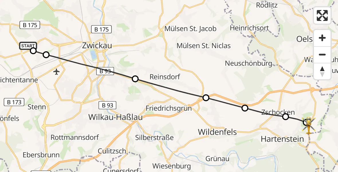 Flugroute Rettungshubschrauber ADAC Air Rescue Station Zwickau Hubschrauberlandeplatz - Hartenstein, 06 Juni 2026, 14:05