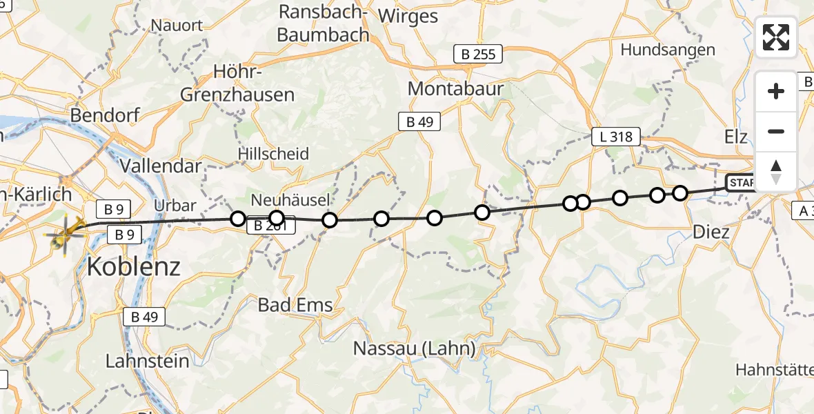 Flugroute Rettungshubschrauber Limburg a.d.Lahn - Koblenz, 06 Juni 2026, 14:07