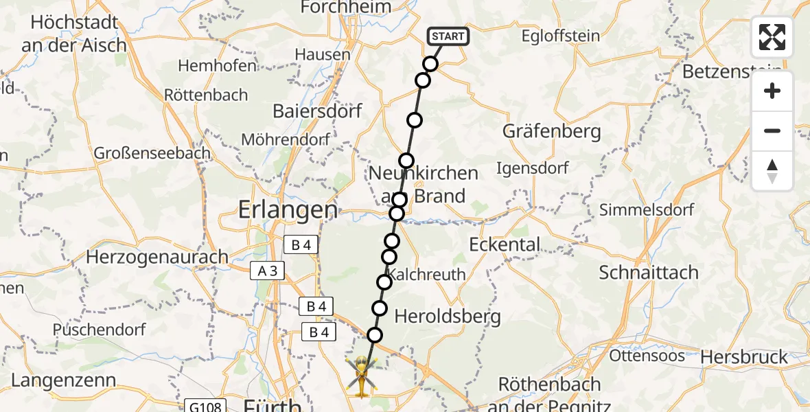 Flugroute Ambulanzhubschrauber Wiesenthau - Flughafen Nuremberg, 06 Juni 2026, 14:26