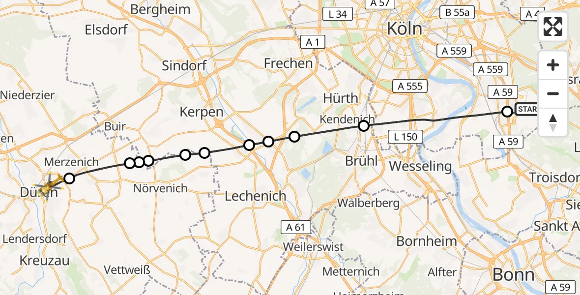 Flugroute Rettungshubschrauber Köln Bonn Flughafen - Düren, 06 Juni 2026, 14:31