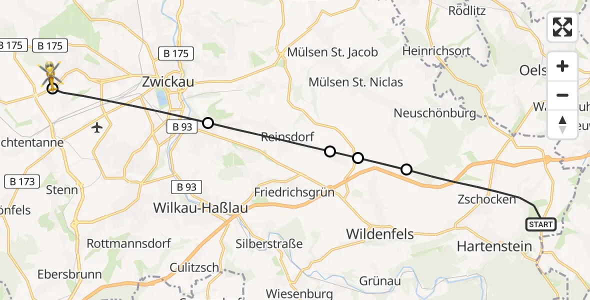 Flugroute Rettungshubschrauber Hartenstein - ADAC Air Rescue Station Zwickau Hubschrauberlandeplatz, 06 Juni 2026, 14:36