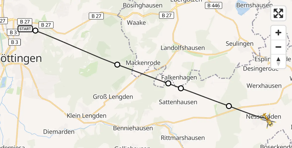 Flugroute Rettungshubschrauber Göttingen University Clinic Hubschrauberlandeplatz - Duderstadt, 06 Juni 2026, 14:36