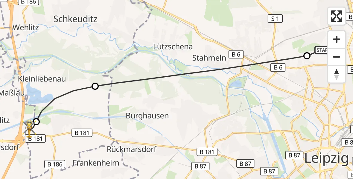 Flugroute Rettungshubschrauber Sankt Georg Hospital Leipzig Reserve - ADAC Air Rescue Station Leipzig/Schkeuditz-Dölzig Hubschrauberlandeplatz (Christoph 61), 06 Juni 2026, 14:38