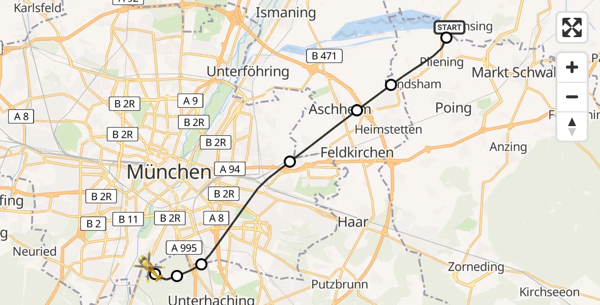 Flugroute Rettungshubschrauber Finsing - ADAC Air Rescue Center Hubschrauberlandeplatz (Christoph 1), 06 Juni 2026, 14:42