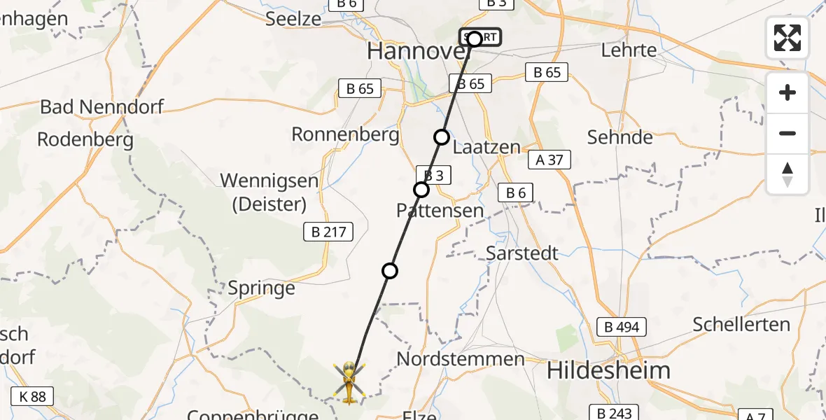 Flugroute Rettungshubschrauber Hannover Luftrettung Hubschrauberlandeplatz (Christoph 4) - Springe, 06 Juni 2026, 14:51