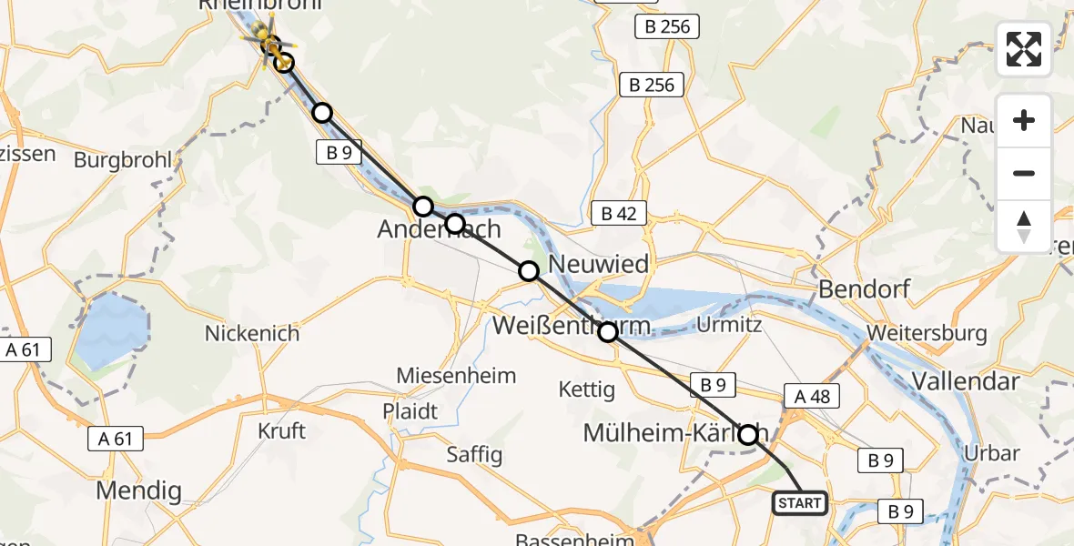 Flugroute Rettungshubschrauber Koblenz - Rheinbrohl, 06 Juni 2026, 14:55