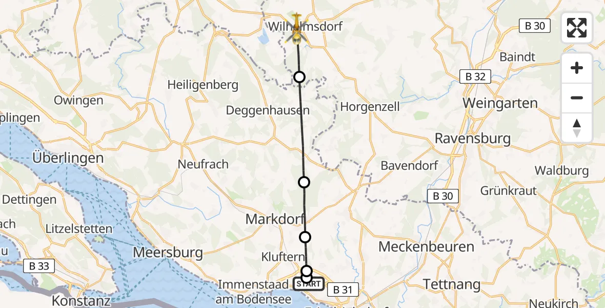 Flugroute Rettungshubschrauber Friedrichshafen Hospital - Wilhelmsdorf, 06 Juni 2026, 14:55