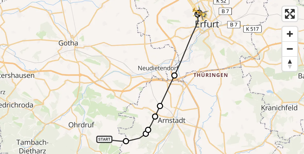 Flugroute Rettungshubschrauber Ohrdruf - Helios Clinic Erfurt, 06 Juni 2026, 15:04