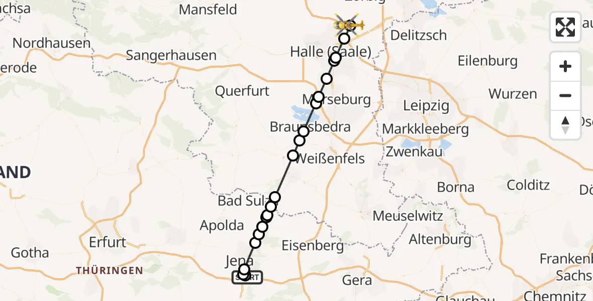 Flugroute Rettungshubschrauber Jena University Hospital - Halle-Oppin Flugplatz, 06 Juni 2026, 15:05