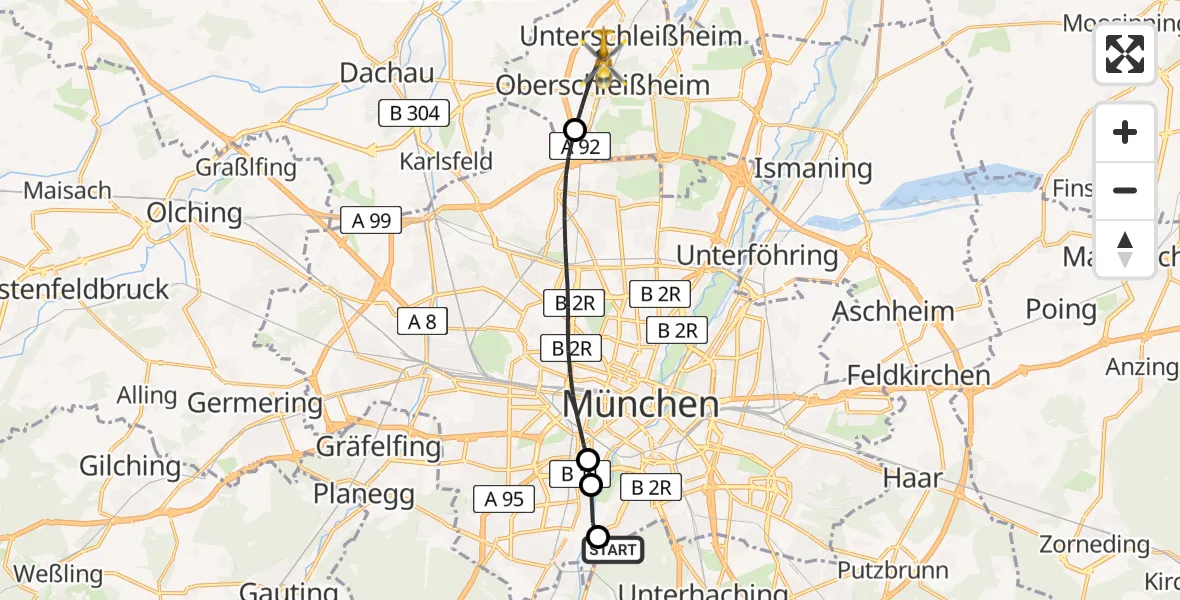 Flugroute Rettungshubschrauber ADAC Air Rescue Center Hubschrauberlandeplatz (Christoph 1) - Oberschleißheim, 06 Juni 2026, 15:07