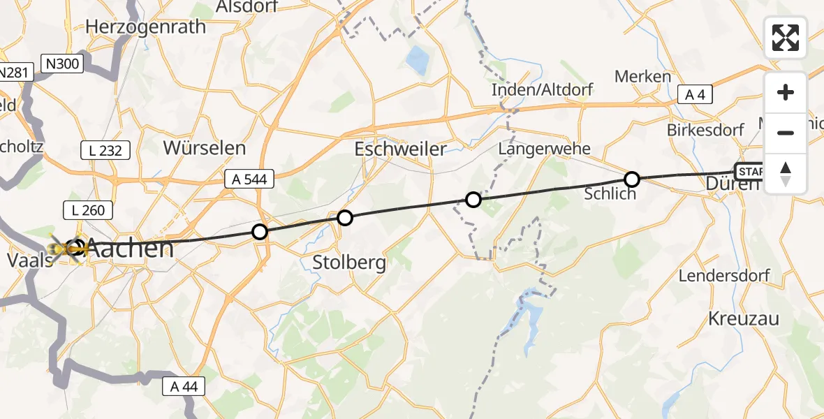 Flugroute Rettungshubschrauber Düren - Aachen Hospital, 06 Juni 2026, 15:13