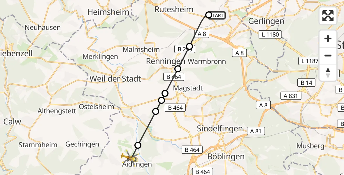 Flugroute Rettungshubschrauber Leonberg Hospital - Aidlingen, 06 Juni 2026, 15:12