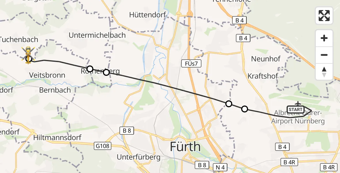 Flugroute Ambulanzhubschrauber Flughafen Nuremberg - Tuchenbach, 06 Juni 2026, 15:20