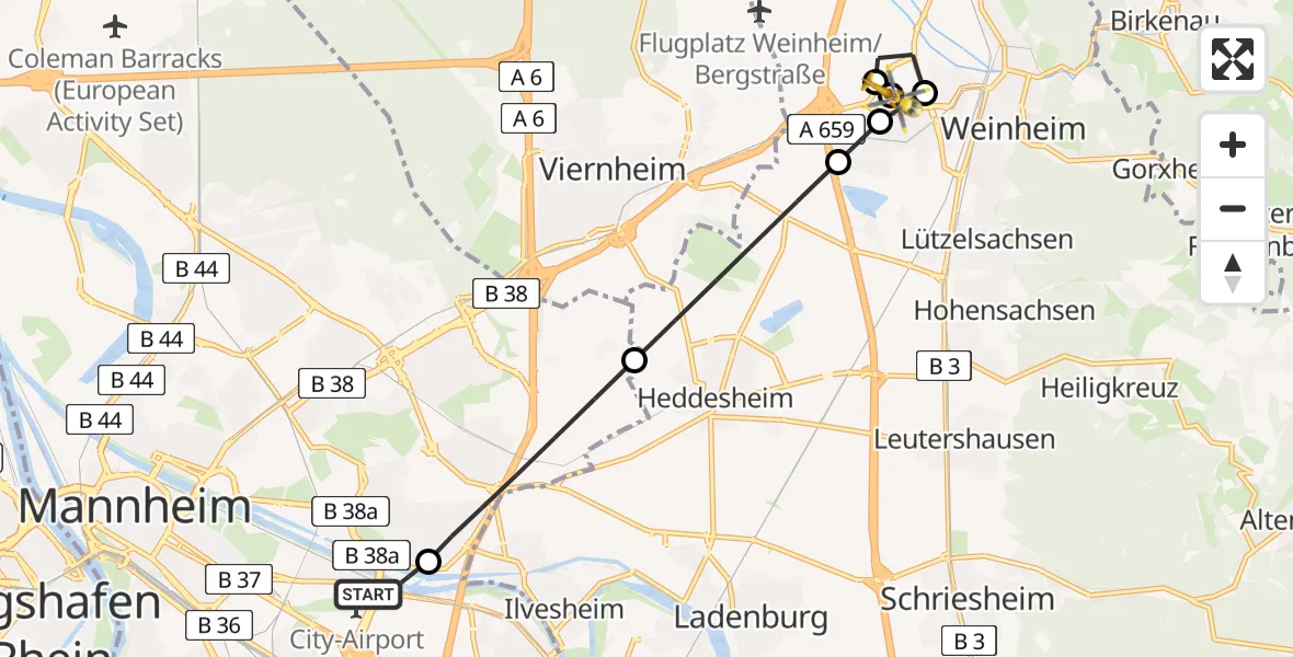 Flugroute Rettungshubschrauber Mannheim-City Flughafen - Weinheim Hospital, 06 Juni 2026, 15:22