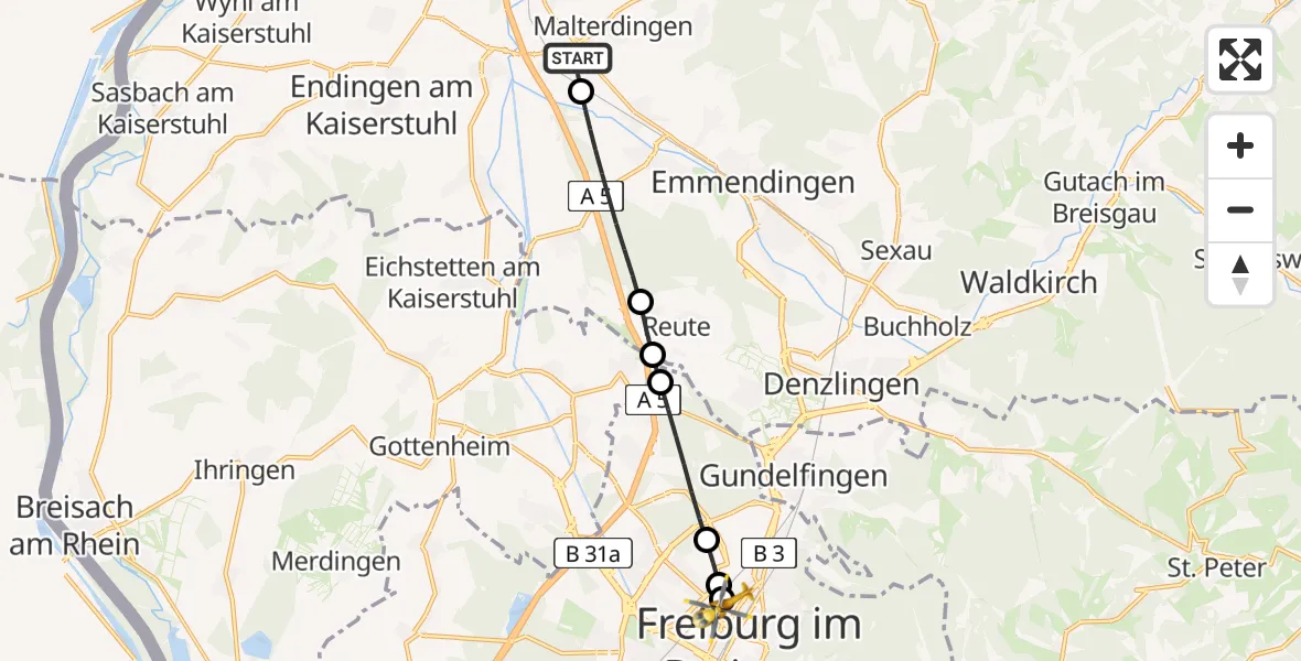 Flugroute Rettungshubschrauber Malterdingen - Freiburg University Hospital Heliport 1, 06 Juni 2026, 15:23