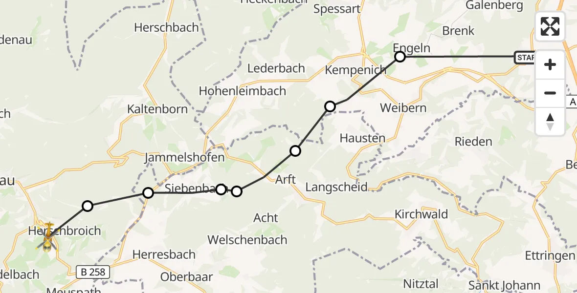Flugroute Ambulanzhubschrauber Wehr - Herschbroich, 06 Juni 2026, 15:26