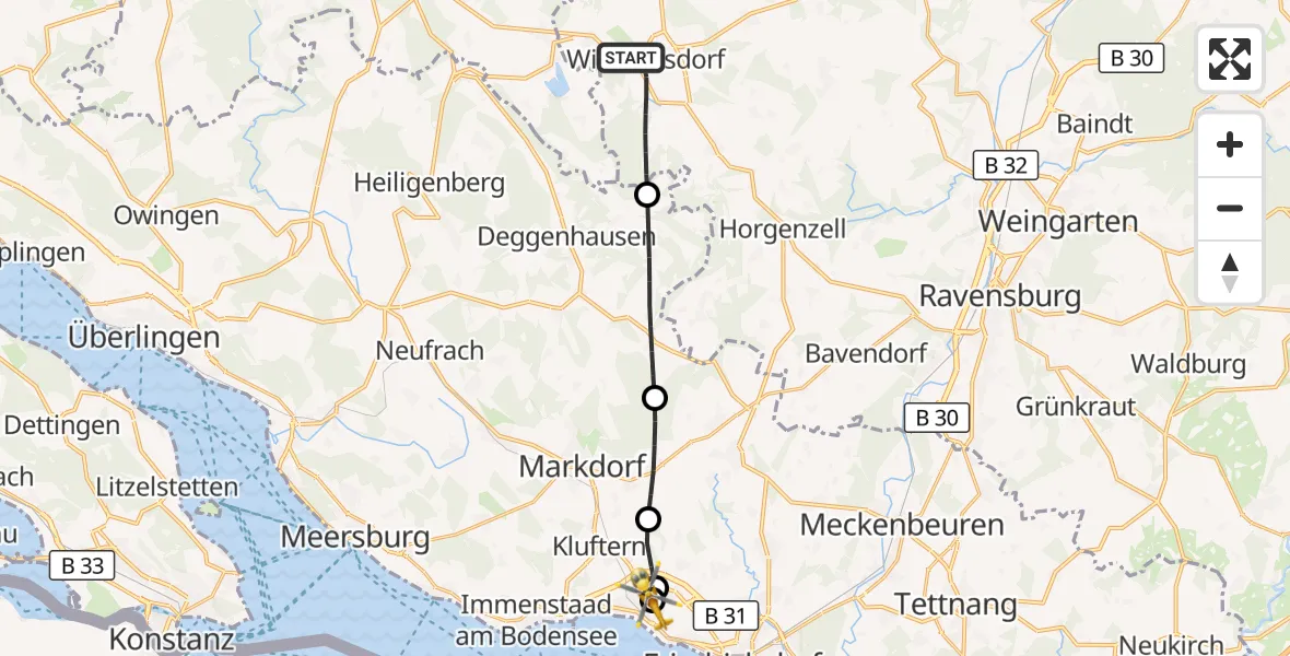 Flugroute Rettungshubschrauber Wilhelmsdorf - Friedrichshafen Hospital, 06 Juni 2026, 15:30