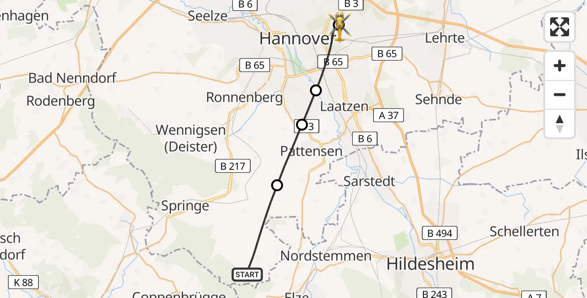 Flugroute Rettungshubschrauber Springe - Hannover Luftrettung Hubschrauberlandeplatz (Christoph 4), 06 Juni 2026, 15:31