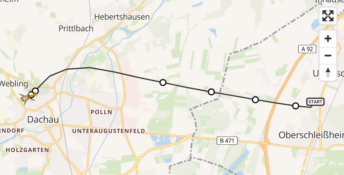 Flugroute Rettungshubschrauber Oberschleißheim - Helios Clinic Dachau, 06 Juni 2026, 15:35
