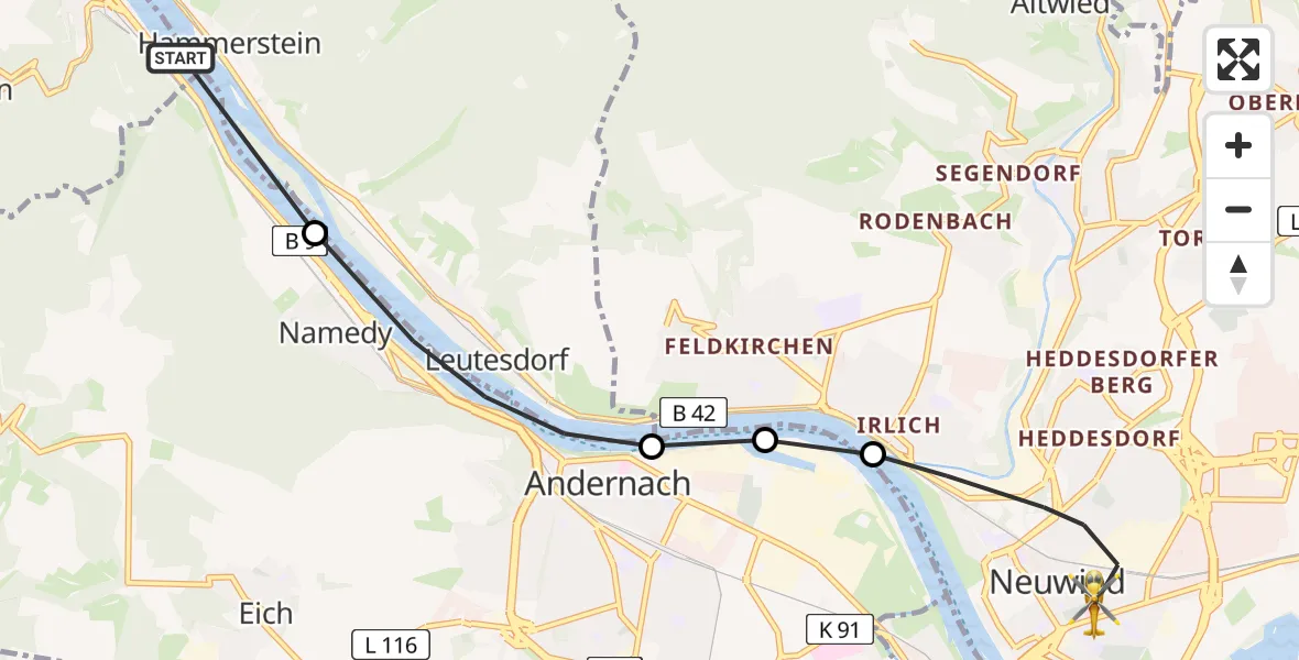Flugroute Rettungshubschrauber Brohl-Lützing - Neuwied, 06 Juni 2026, 15:37
