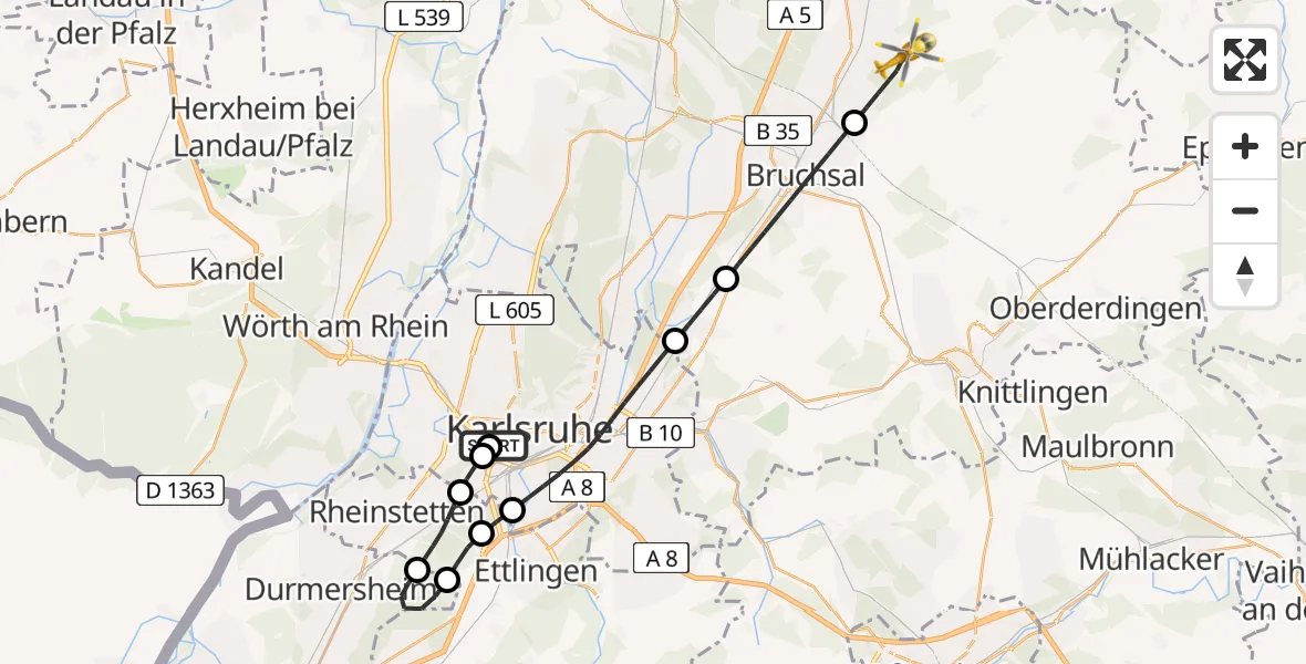 Flugroute Ambulanzhubschrauber Sankt Vincentius Hospital - Ubstadt-Weiher, 06 Juni 2026, 15:37