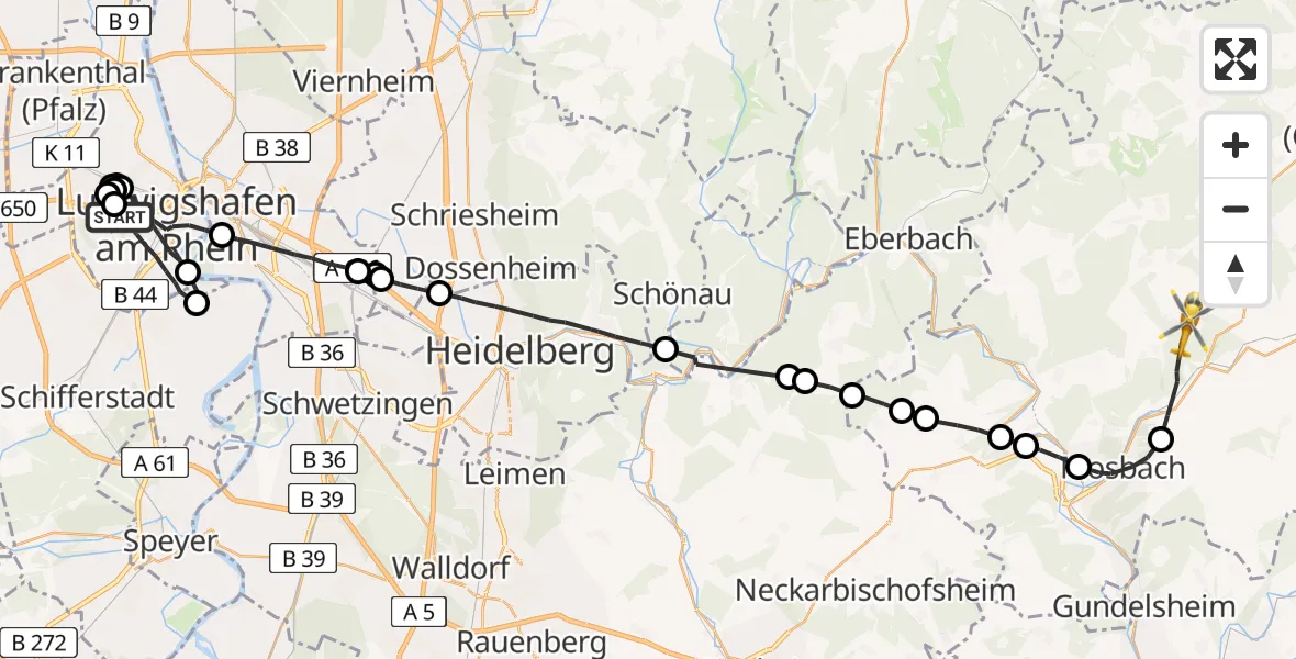 Flugroute Rettungshubschrauber Ludwigshafen am Rhein - Elztal, 06 Juni 2026, 15:44