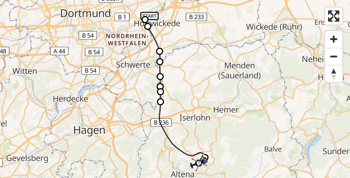 Flugroute Polizeihubschrauber Dortmund Flughafen - Altena-Hegenscheid Flugplatz, 06 Juni 2026, 15:44