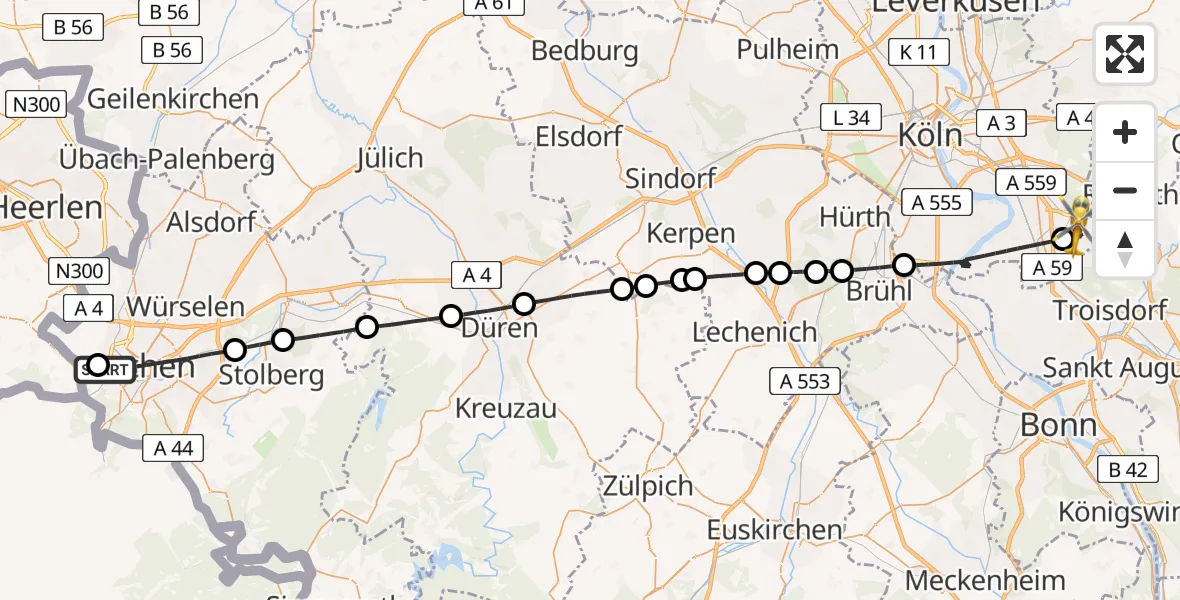 Flugroute Rettungshubschrauber Aachen Hospital - Köln Bonn Flughafen, 06 Juni 2026, 15:45