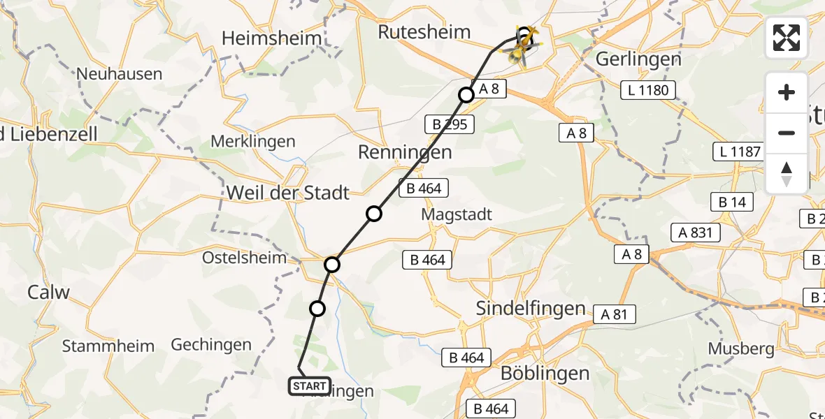 Flugroute Rettungshubschrauber Aidlingen - Leonberg Hospital, 06 Juni 2026, 15:48