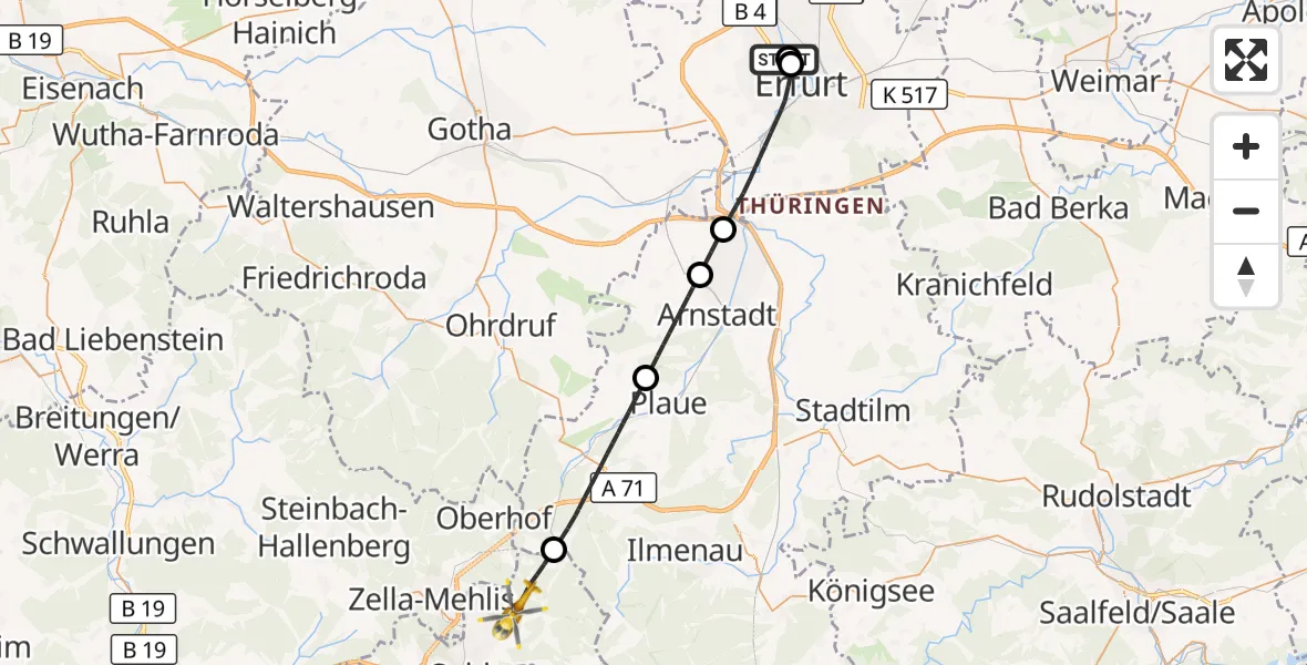 Flugroute Rettungshubschrauber Helios Clinic Erfurt - Suhl, 06 Juni 2026, 15:49