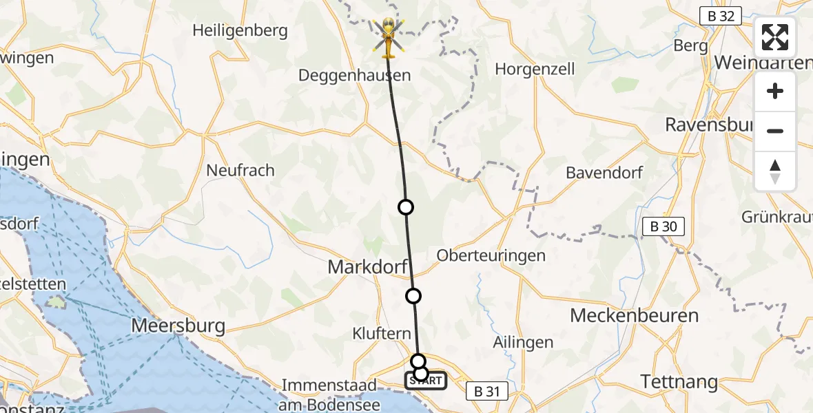 Flugroute Rettungshubschrauber Friedrichshafen Hospital - Deggenhausertal, 06 Juni 2026, 16:00