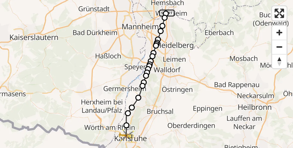 Flugroute Rettungshubschrauber Weinheim Hospital - Karlsruhe, 06 Juni 2026, 16:02