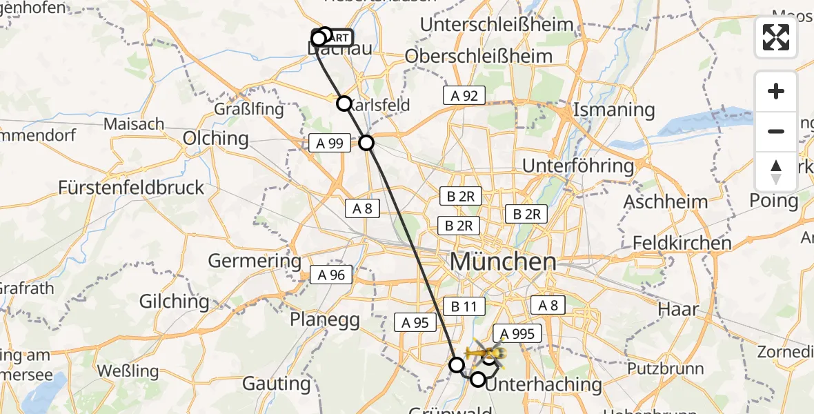 Flugroute Rettungshubschrauber Helios Clinic Dachau - ADAC Air Rescue Center Hubschrauberlandeplatz (Christoph 1), 06 Juni 2026, 16:03