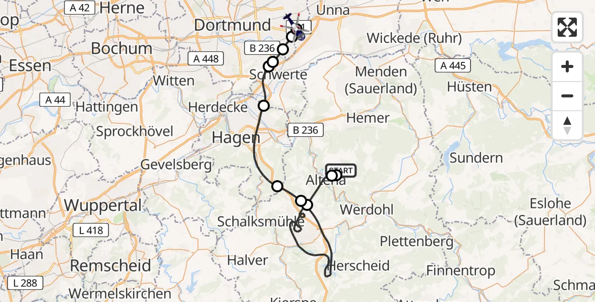 Flugroute Polizeihubschrauber Altena-Hegenscheid Flugplatz - Dortmund Flughafen, 06 Juni 2026, 16:07