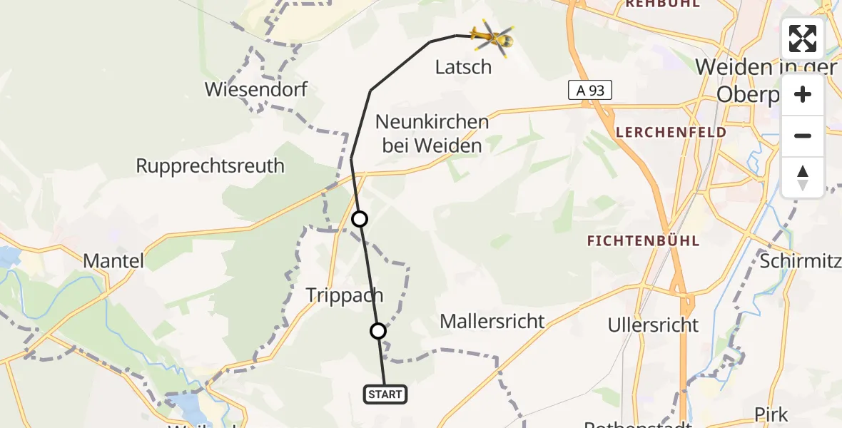 Flugroute Rettungshubschrauber Etzenricht - Weiden in der Oberpfalz Flugplatz, 06 Juni 2026, 16:08