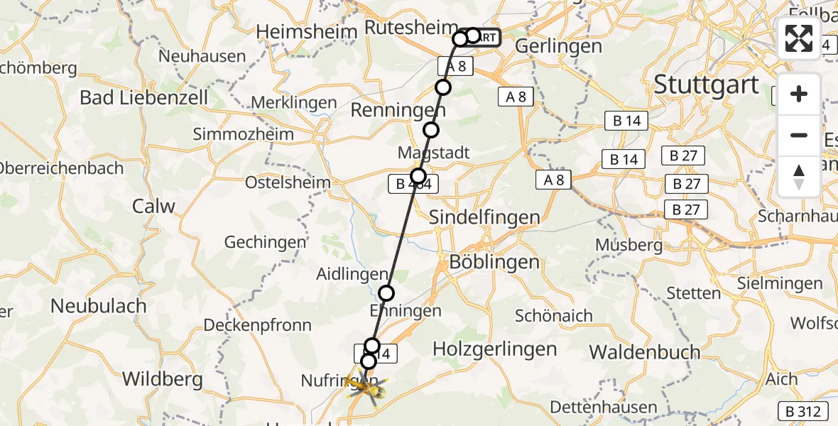 Flugroute Rettungshubschrauber Leonberg Hospital - Nufringen, 06 Juni 2026, 16:19